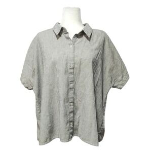 Eileen Fisher Organic Cotton Linen Striped Short Sleeve Button Up Shirt 1X Gray